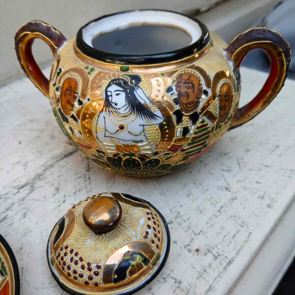 Stunning Vintage Japanese Gold Gilded Hand Painted Satsuma Moriage Tea & Sugar s - Picture 8 of 13